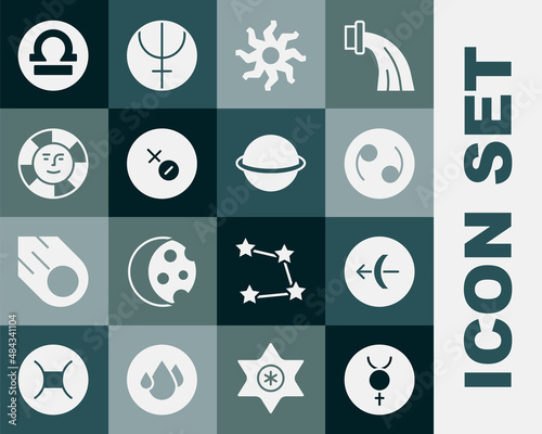 Set Symbol Mercury, Sagittarius zodiac, Cancer, Sun, Venus symbol, Libra and Planet Saturn icon. Vector