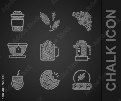 Set Tea time, Cookie or biscuit, leaf, Electric kettle, Mate tea, Cup with bag, Croissant and of icon. Vector