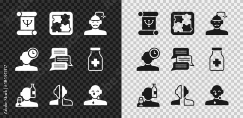 Set Psychology book, Solution problem in psychology, Concussion, headache, Alcoholism, Bipolar disorder, Tear cry eye, Insomnia and Online psychological counseling icon. Vector