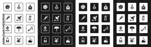 Set Bottle with potion, Cigarette, Syringe, Bacteria, Spray against insects, Poison the arrow and Bones and skull icon. Vector