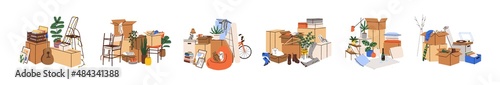 Cardboard boxes piles set. Stuff packed in carton packages for relocation and moving. Many belongings, books, plants, furniture in containers. Flat vector illustrations isolated on white background