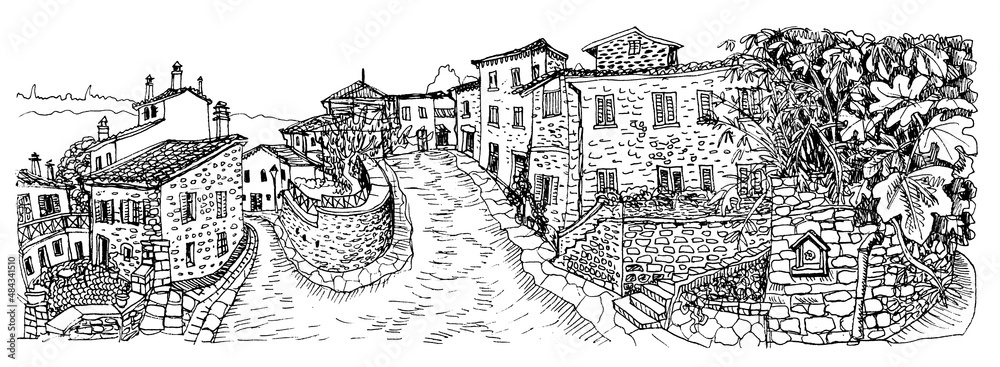 Hand drawn sketch of an ancient street buildings in the small European southern town. Black and white illustration for coloring book page
