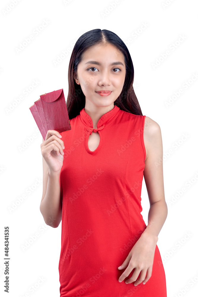 Asian Chinese woman in a cheongsam dress holding red envelopes (Angpao) Asian Chinese woman in a cheongsam dress holding red envelopes (Angpao)