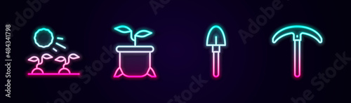 Set line Plant sprouts grow in the sun, pot, Shovel and Pickaxe. Glowing neon icon. Vector