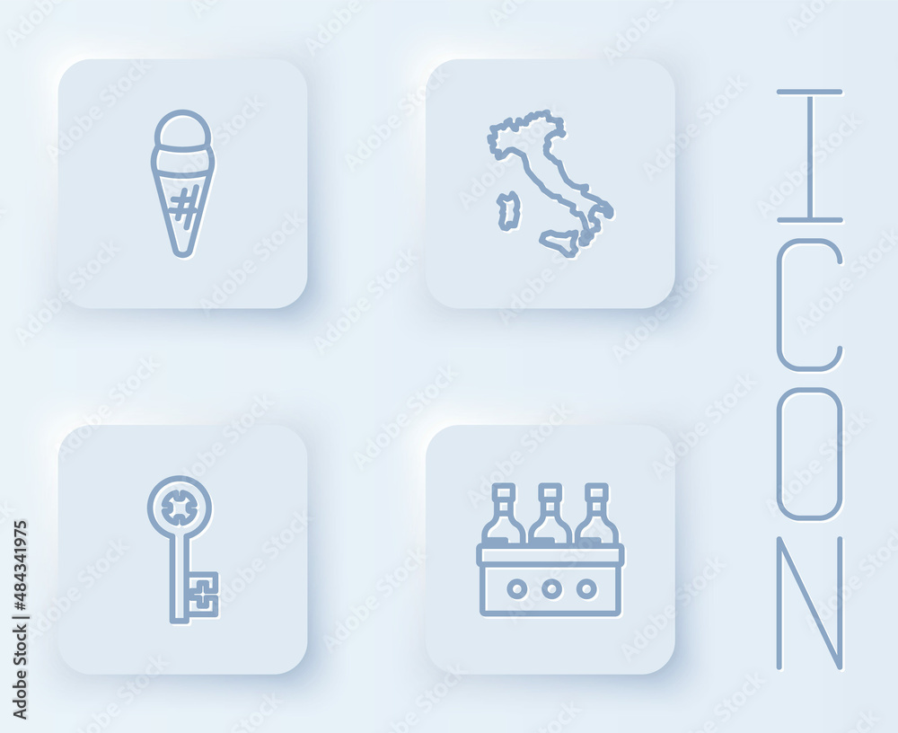 Set line Ice cream in waffle, Map of Italy, Old key and Bottles wine. White square button. Vector Set line Ice cream in waffle, Map of Italy, Old key and Bottles wine. White square button. Vector