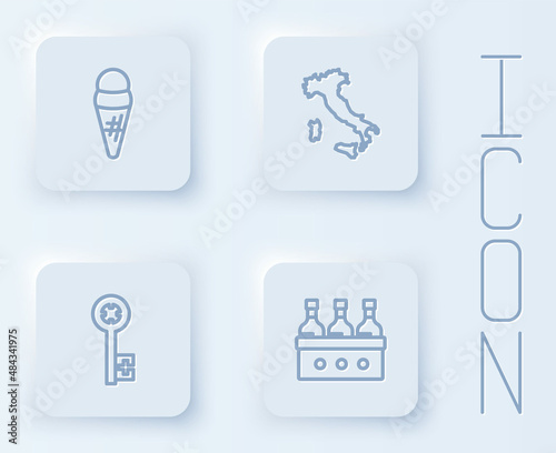 Set line Ice cream in waffle, Map of Italy, Old key and Bottles wine. White square button. Vector