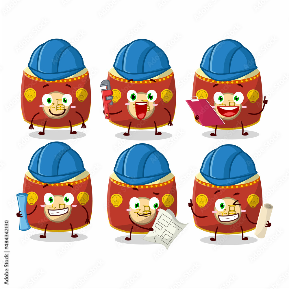 architect red chinese drum cute mascot character with pliers