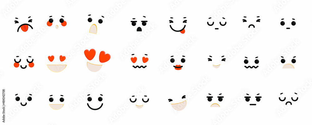 Naklejka premium Collection with Different emotions. Use for characters setting-up. Funny emoticon faces with facial expressions. Flat style in vector illustration.
