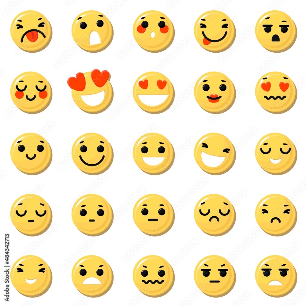Collection Different emotions. Use for messages in social media, mail, chatting. Funny yellow emoticon faces with facial expressions. Flat style in vector illustration.