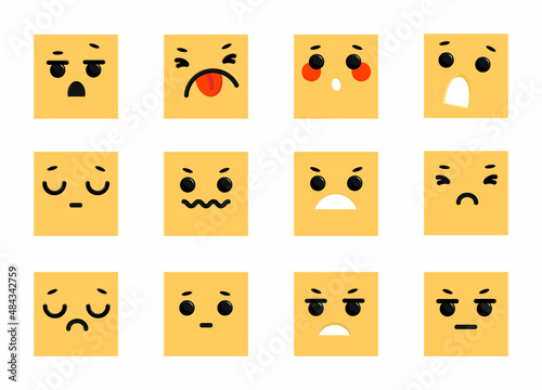 Collection with negative emotions. Use for characters setting-up. Cartoon emoticon faces with facial expressions. Flat style in vector illustration.