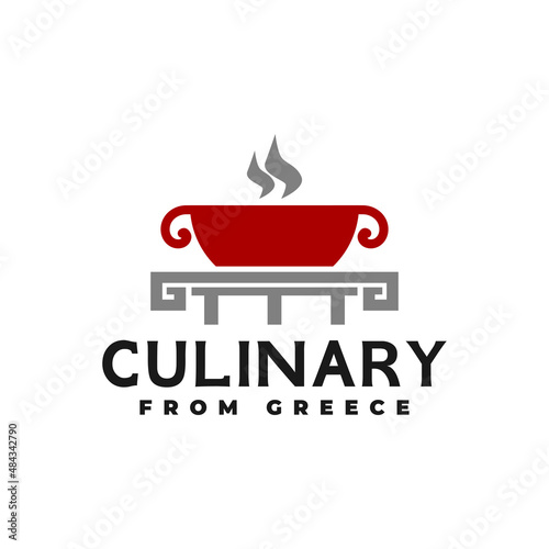 illustration of a hot pot with a greek ornament. logo for greek restaurant. restaurant logo template