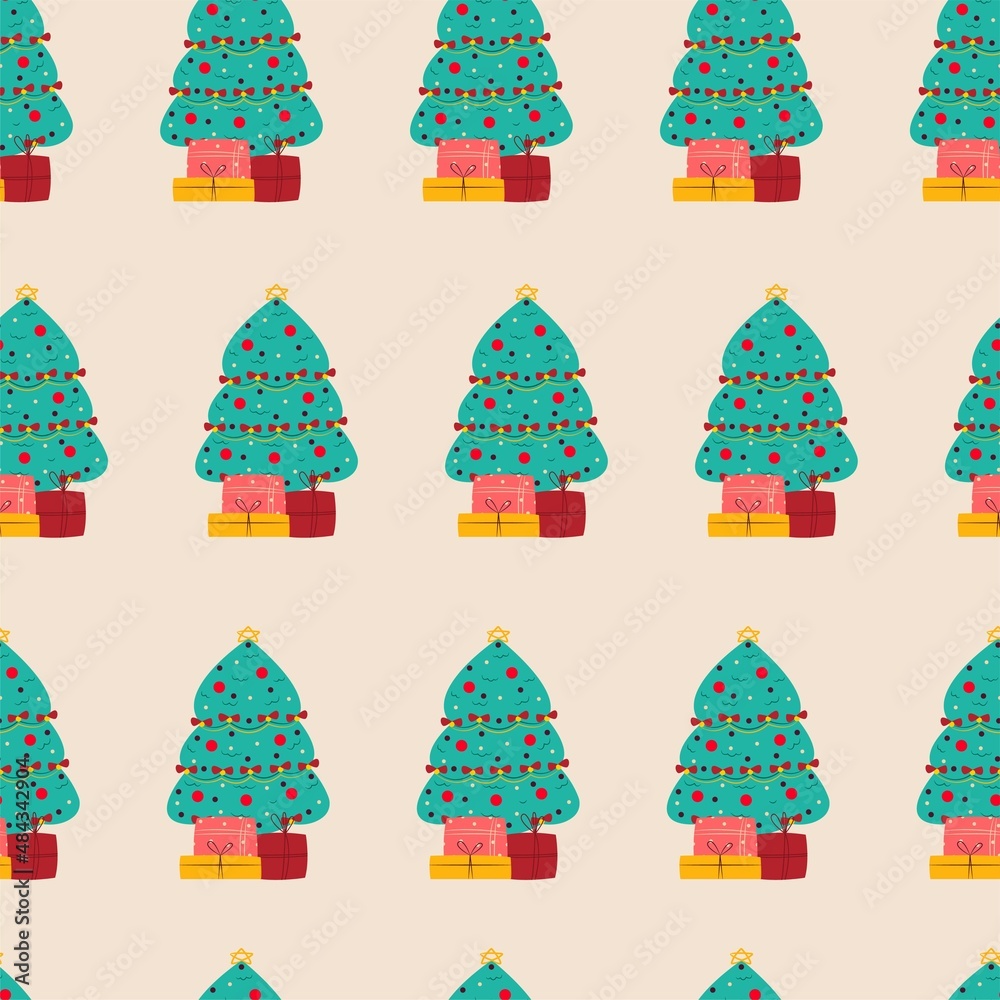 Gift boxes under the Christmas tree seamless pattern. Vector print flat cartoon style. Gift boxes under the Christmas tree seamless pattern. Vector print flat cartoon style.