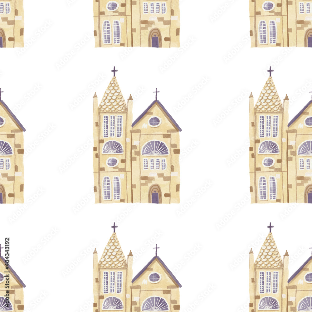 Watercolor seamless pattern of church. Hand-drawn illustration isolated on the white background.