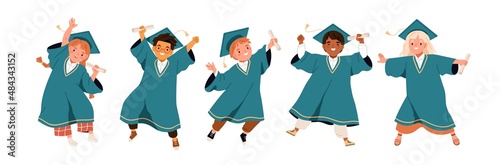 Kids graduating in graduation gowns and caps set. Happy elementary school children with diplomas. Diverse boys and girls students jumping. Flat vector illustration isolated on white background
