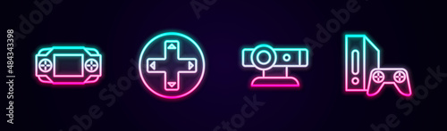 Set line Portable video game console, Game controller joystick, Web camera and with. Glowing neon icon. Vector