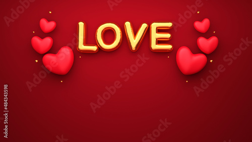 Foto 3D Golden Love Balloon Font With Glossy Hearts, Tiny Balls On Red Background
