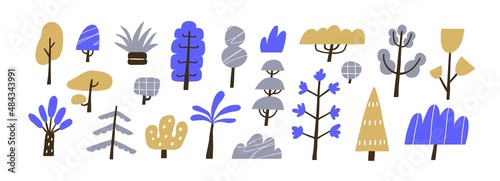 Abstract doodle trees set. Cute naive forest plants of primitive shapes. Simple botanical cliparts in Scandinavian style. Childish colored flat vector illustrations isolated on white background