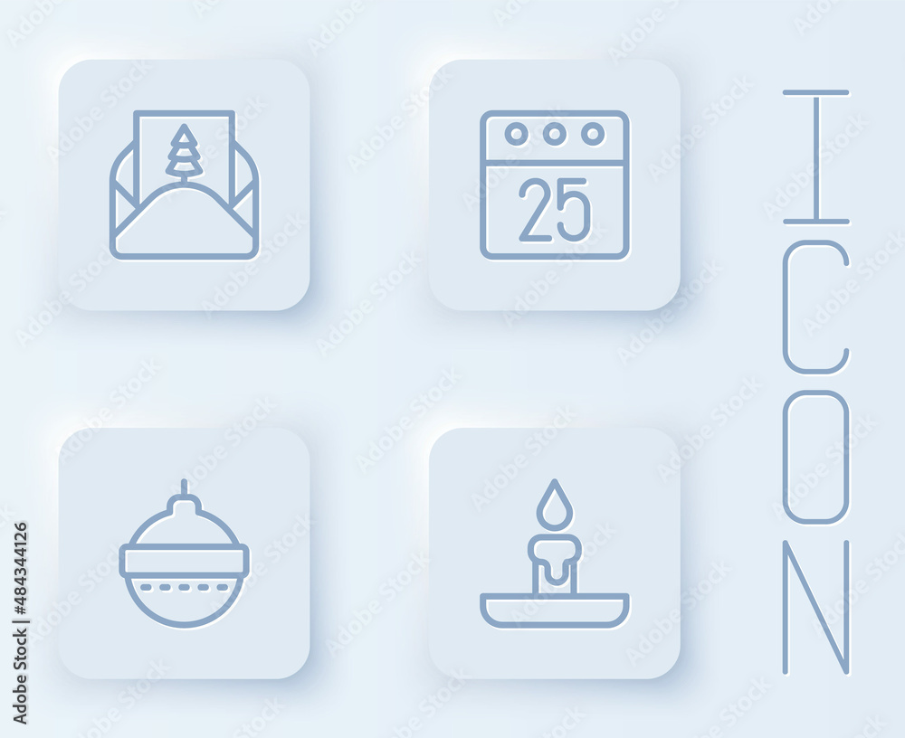 Set line Envelope, Christmas day calendar, ball and Burning candle. White square button. Vector Set line Envelope, Christmas day calendar, ball and Burning candle. White square button. Vector