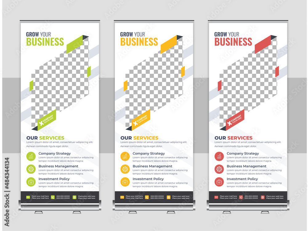 Creative corporate roll up banner design in curve shape layout, geometric triangle and exhibition ads pull up design x-banner template