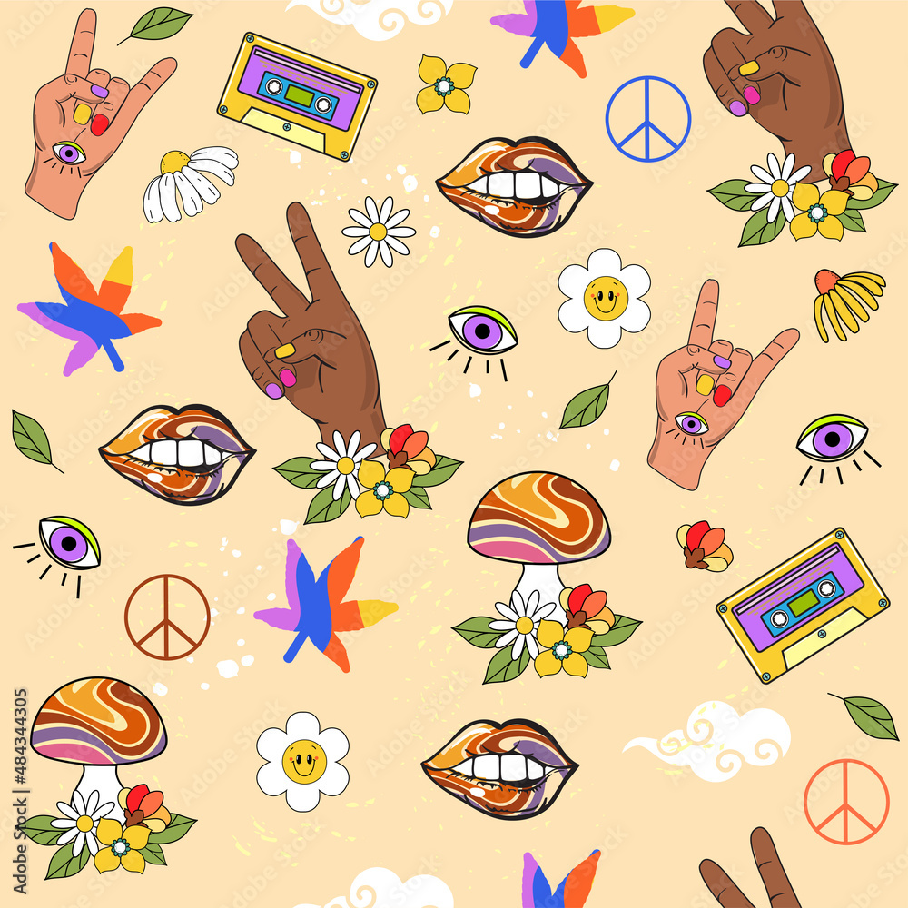 Colorful retro style 70s floral, hands, mushrooms and hippie items seamless pattern. Perfect for t-shirt design, wallpaper, fabric, cards