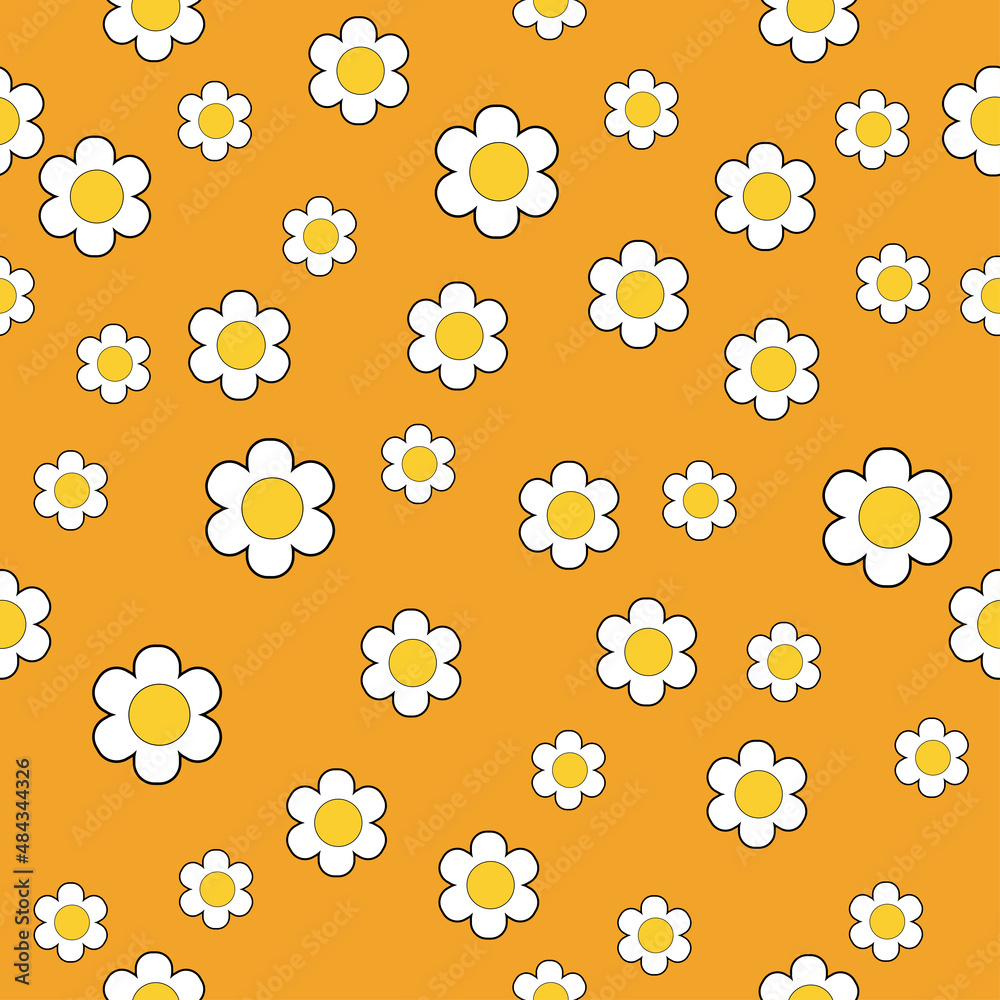 White chamomile in retro style 70s floral seamless pattern on an orange background. Perfect for t-shirt design, wallpaper, fabric, cards