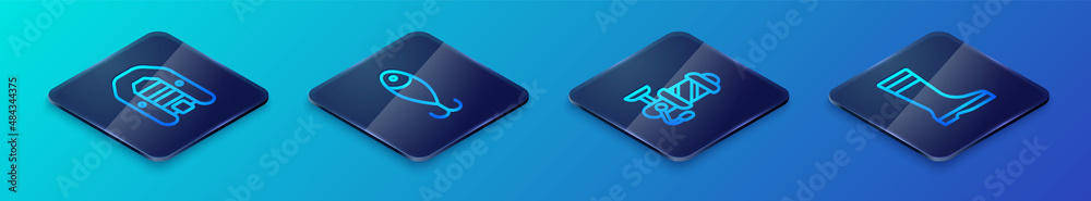 Set Isometric line Spinning reel for fishing, Inflatable boat with motor, Fishing boots and lure icon. Vector Set Isometric line Spinning reel for fishing, Inflatable boat with motor, Fishing boots and lure icon. Vector