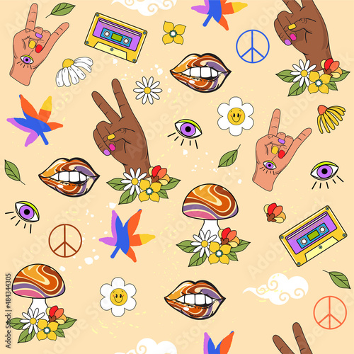 Colorful retro style 70s floral  hands  mushrooms and hippie items seamless pattern. Perfect for t-shirt design  wallpaper  fabric  cards