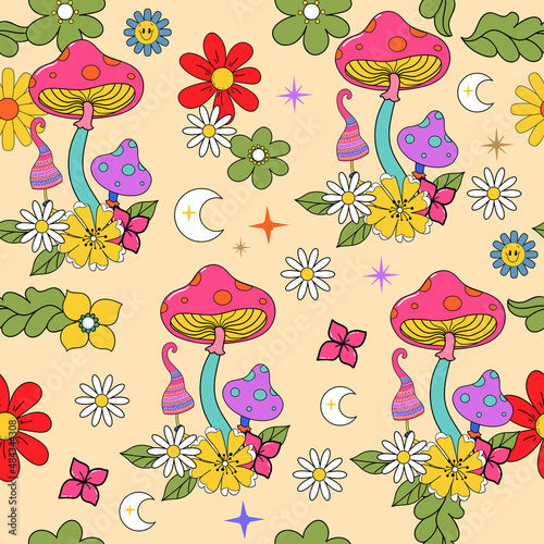 Colorful retro style 70s floral, mushrooms and moon seamless pattern. Perfect for t-shirt design, wallpaper, fabric, cards