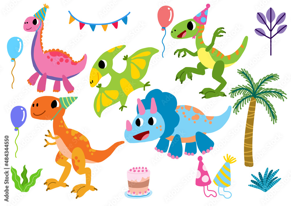 Obraz premium Set cute dinosaur partying on white background
