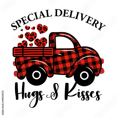 Happy Valentines Day! - Calligraphy phrase for Valentine's Day. Lettering for Love greeting cards, invitations. Good for t-shirt, mug, gift, printing press. Buffalo plaid pickup carry leopard hearts.
