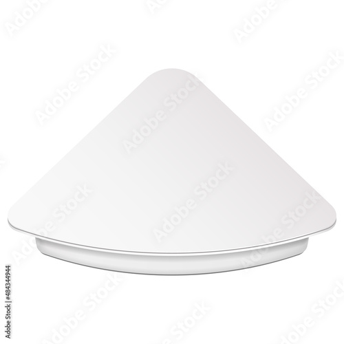 Mockup Triangle Empty Blank Cheese, Curd Plastic Food Tray Container Box Opened, Cover. Illustration Isolated On White Background. Mock Up Template Ready For Your Design. Vector EPS10