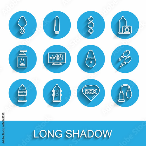 Set line Condom safe sex, Anal plug, Heart with text Sex, Penis pump, Monitor 18 plus content, Sperm and Dildo vibrator icon. Vector