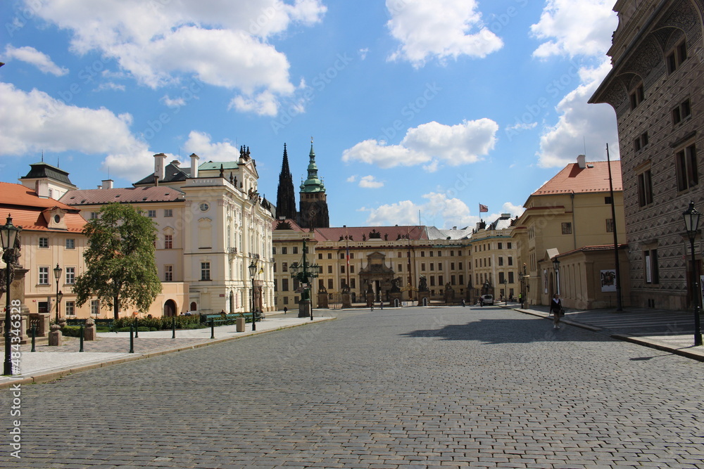 Amazing view on empty square in Prague,  famous Prague Castle 