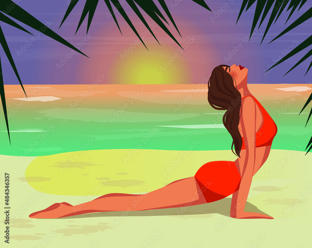 Digital illustration of a girl doing yoga on vacation on the beach during sunset