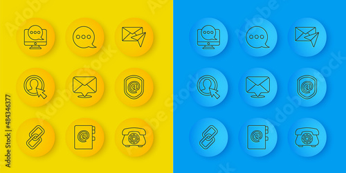 Set line Chain link, Create account screen, Envelope, Telephone, Shield with mail and e-mail, Chat messages notification monitor, and Speech bubble chat icon. Vector