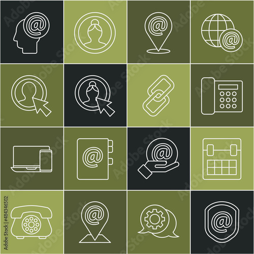 Set line Shield with mail and e-mail, Calendar, Telephone, Location, Create account screen, Mail and Chain link icon. Vector