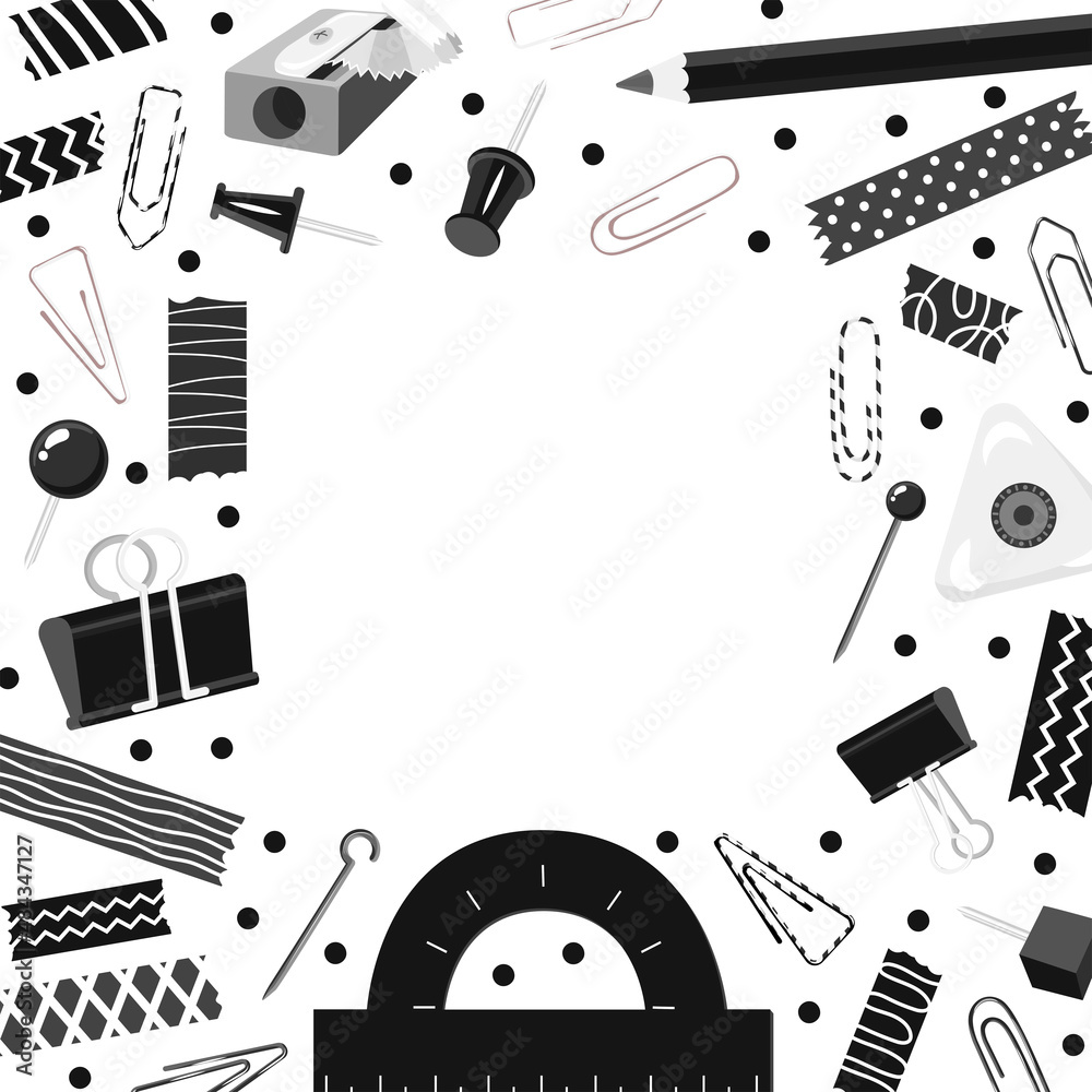 Obraz premium Decorative Rectangular frame with Black and white stationery. Back to school, office work. Space for text. Clip, adhesive tape, pin, needle, eraser, pencil. Vector illustration.