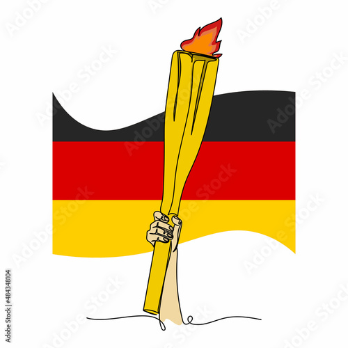 Continuous one simple single abstract line drawing of olympic flame handover ceremony olympiad with germany flag icon in silhouette on a white background. Linear stylized.