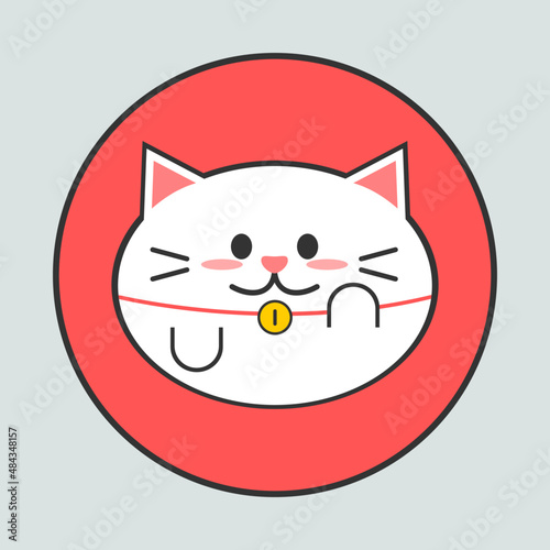 White cat lucky or maneki-neko in red circle cartoon character flat vector icon design.