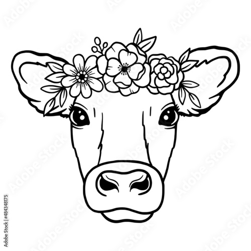 Cow head wreath of flowers. Crown of flowers. Outline cow head vector. Cow Logo. Farm Animal. Vector illustration isolated on white background.