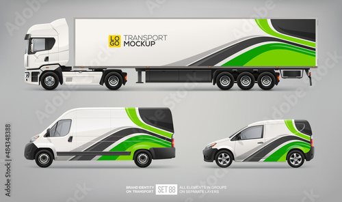 Vector Van, truck trailer, delivery car mockup set with green stripes design for branding and corporate identity company. Abstract graphics on transport with business background. Side view car