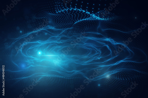 Abstract digital blue wave interface on blurry backdrop. Technology and AI concept. 3D Rendering.