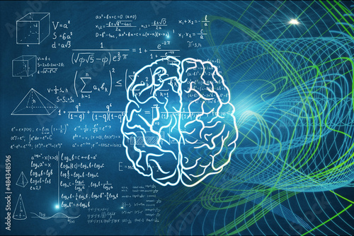Abstract colorful brain backdrop with mathematical formulas. Mind concept. 3D Rendering. photo