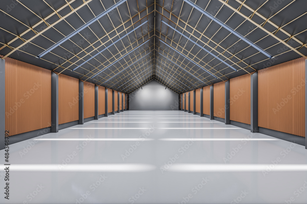 Obraz premium Minimalistic concrete hangar interior. Storehouse and warehouse concept. 3D Rendering.