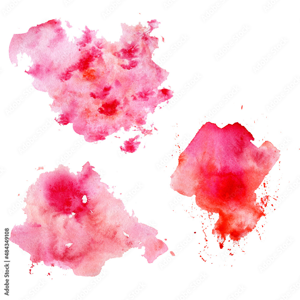 Watercolor decorative colorful spots isolated on white background, pink splash backdrop, Abstract splash set, pink artistic paper, hand drawn illustration for design fashion advertising, template