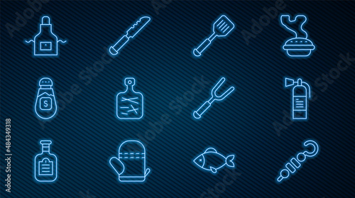 Set line Grilled shish kebab, Fire extinguisher, Spatula, Cutting board, Salt, Kitchen apron, Barbecue fork and Bread knife icon. Vector