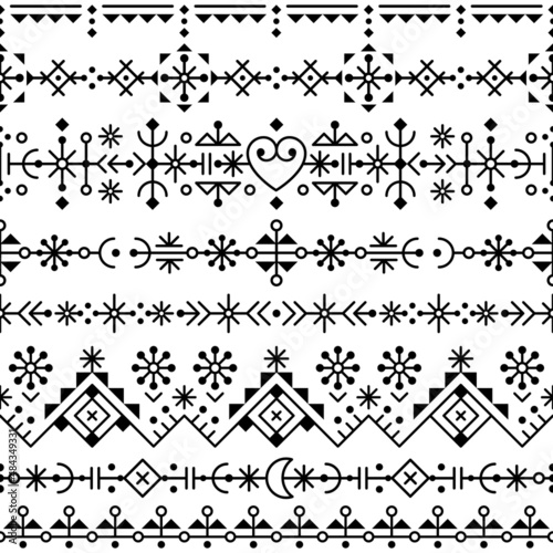 Icelandic style tribal line art vector seamless vertical patten with hearts and geometric shapes, textile or fabric print design inspired by Viking rune ornamnets from Nordic countries
