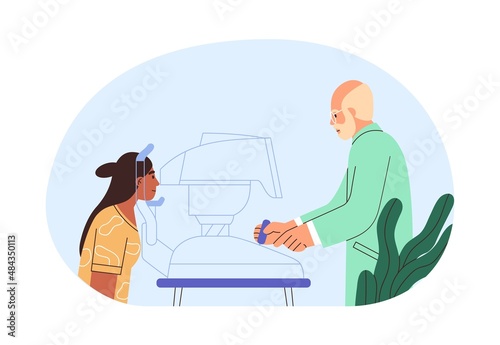 Ophthalmologist examining eyes health with professional optic equipment. Patient at oculists office, checking eyesight. Medical checkup. Flat vector illustration isolated on white background