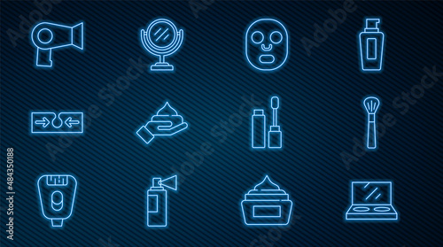 Set line Makeup powder with mirror, brush, Facial cosmetic mask, Cream lotion tube, Acne, Hair dryer, Mascara and Round makeup icon. Vector
