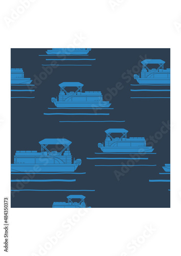 Editable Side View Flat Monochrome Pontoon Boat Vector Illustration with Dark Background as Seamless Pattern for Creating Background of Transportation or Recreation Related Design